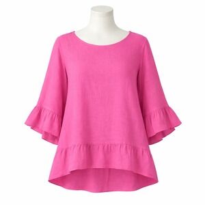 Pure Linen Blouse Womens M  Made In Italy Pink Ruffle Hem Bell Sleeve Colorful